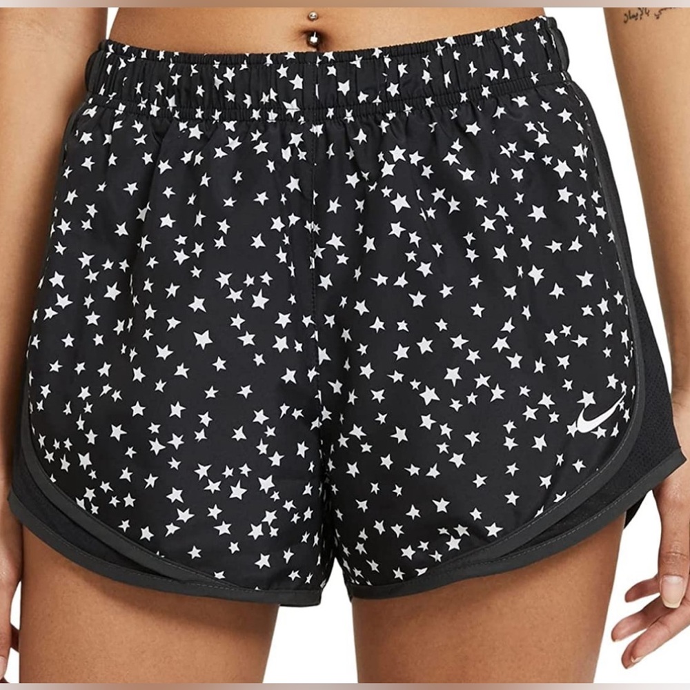 Nike Dri-Fit Tempo Running Shorts in Black with White Star Print & Black Trim